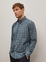 Grey/Blue Gingham Regular Fit Easy Iron Long Sleeve Single Cuff Oxford Shirt - Image 1 of 10