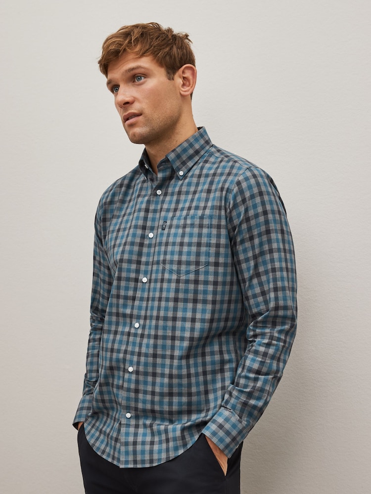 Grey/Blue Gingham Regular Fit Easy Iron Long Sleeve Single Cuff Oxford Shirt - Image 1 of 10