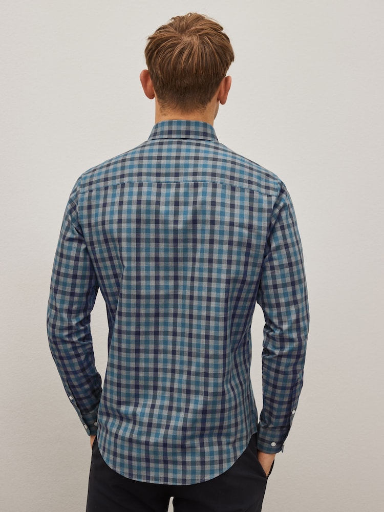 Grey/Blue Gingham Regular Fit Easy Iron Long Sleeve Single Cuff Oxford Shirt - Image 2 of 10