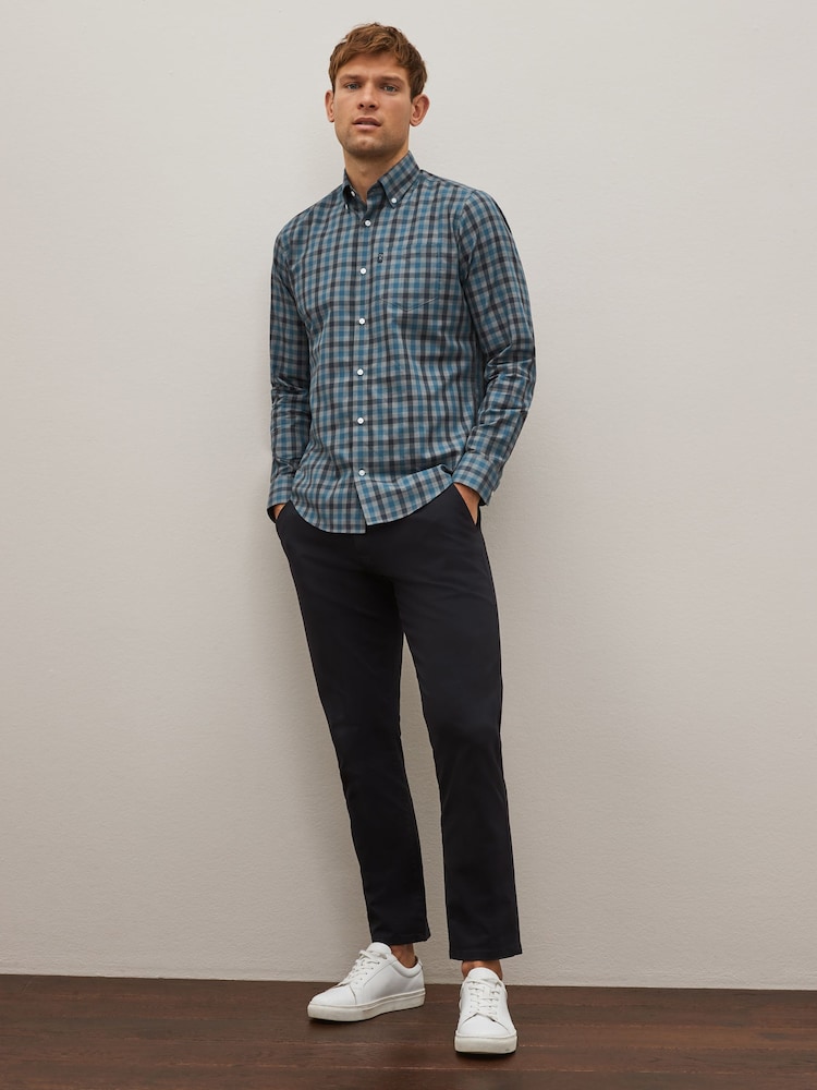 Grey/Blue Gingham Regular Fit Easy Iron Long Sleeve Single Cuff Oxford Shirt - Image 3 of 10