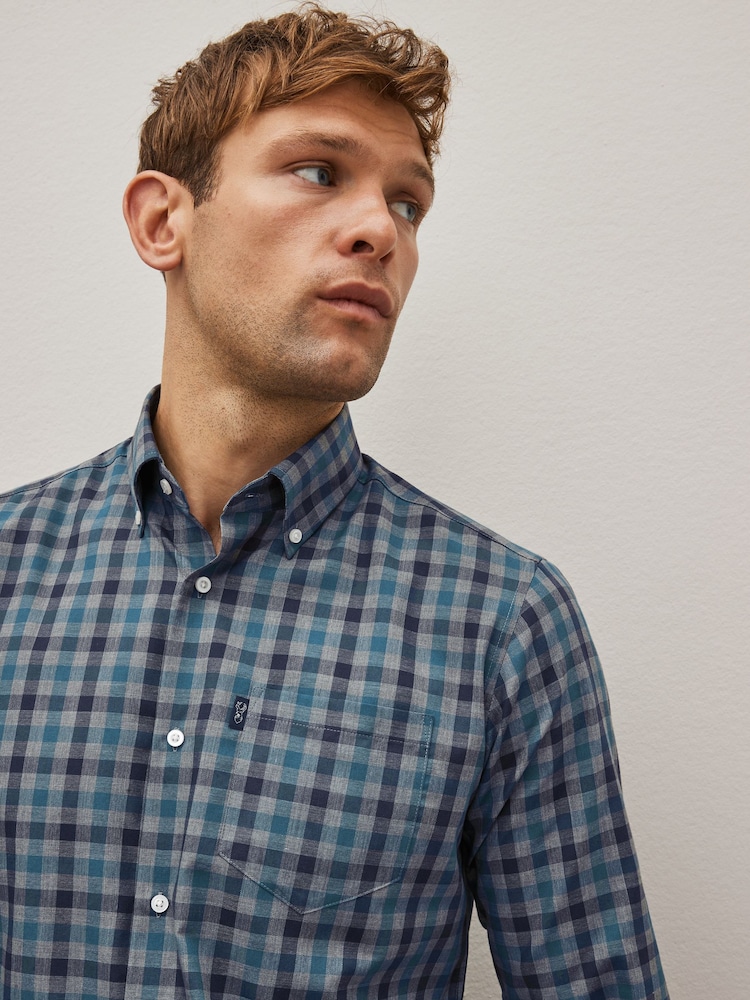 Grey/Blue Gingham Regular Fit Easy Iron Long Sleeve Single Cuff Oxford Shirt - Image 4 of 10