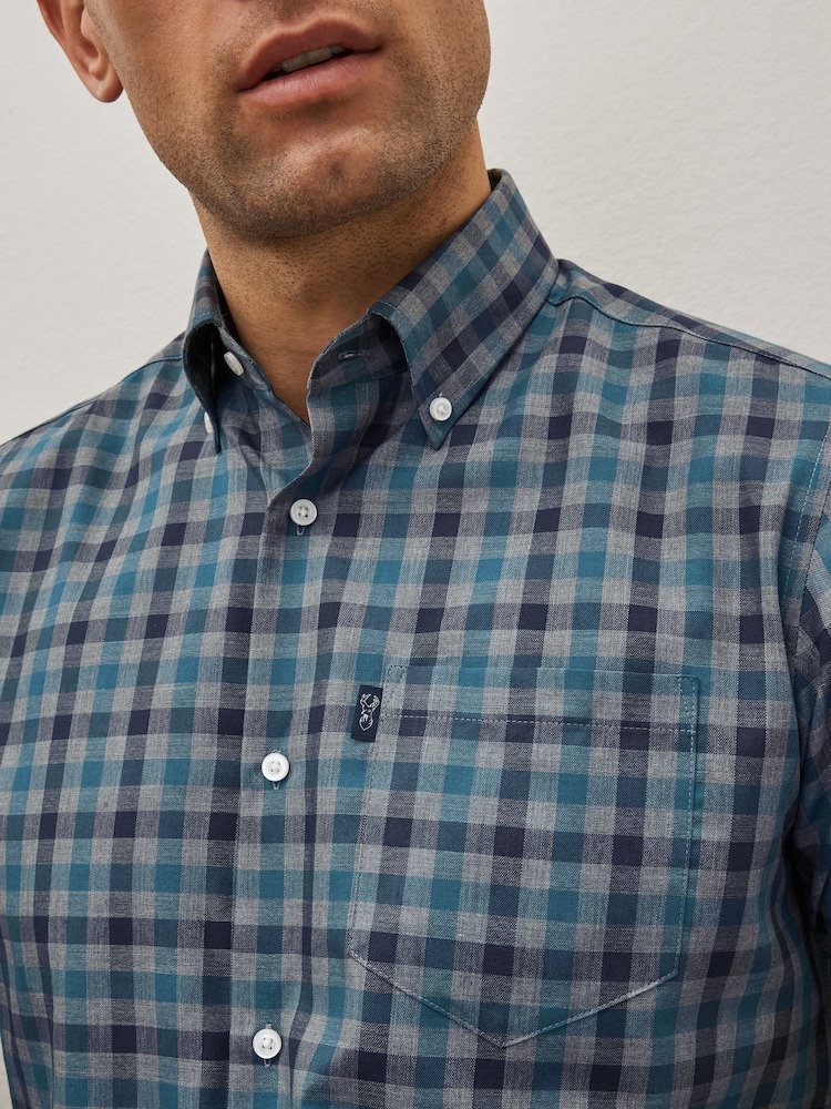 Grey/Blue Gingham Regular Fit Easy Iron Long Sleeve Single Cuff Oxford Shirt - Image 5 of 10