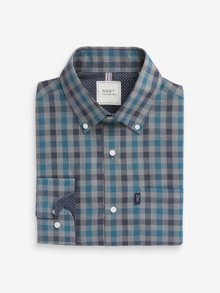 Grey/Blue Gingham Regular Fit Easy Iron Long Sleeve Single Cuff Oxford Shirt - Image 7 of 10