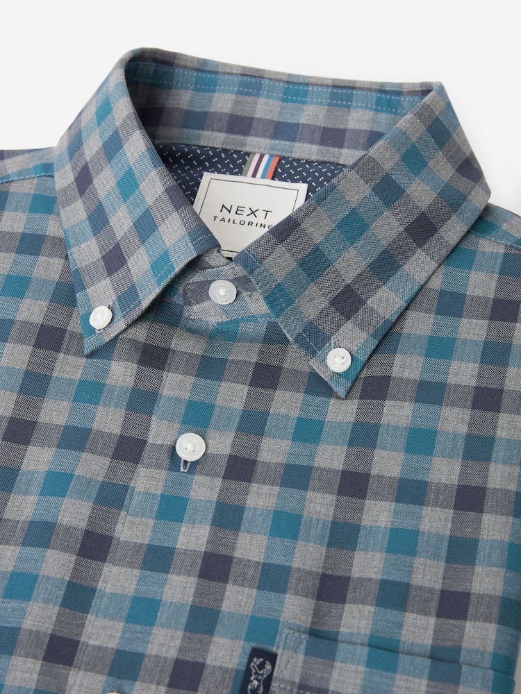 Grey/Blue Gingham Regular Fit Easy Iron Long Sleeve Single Cuff Oxford Shirt - Image 8 of 10