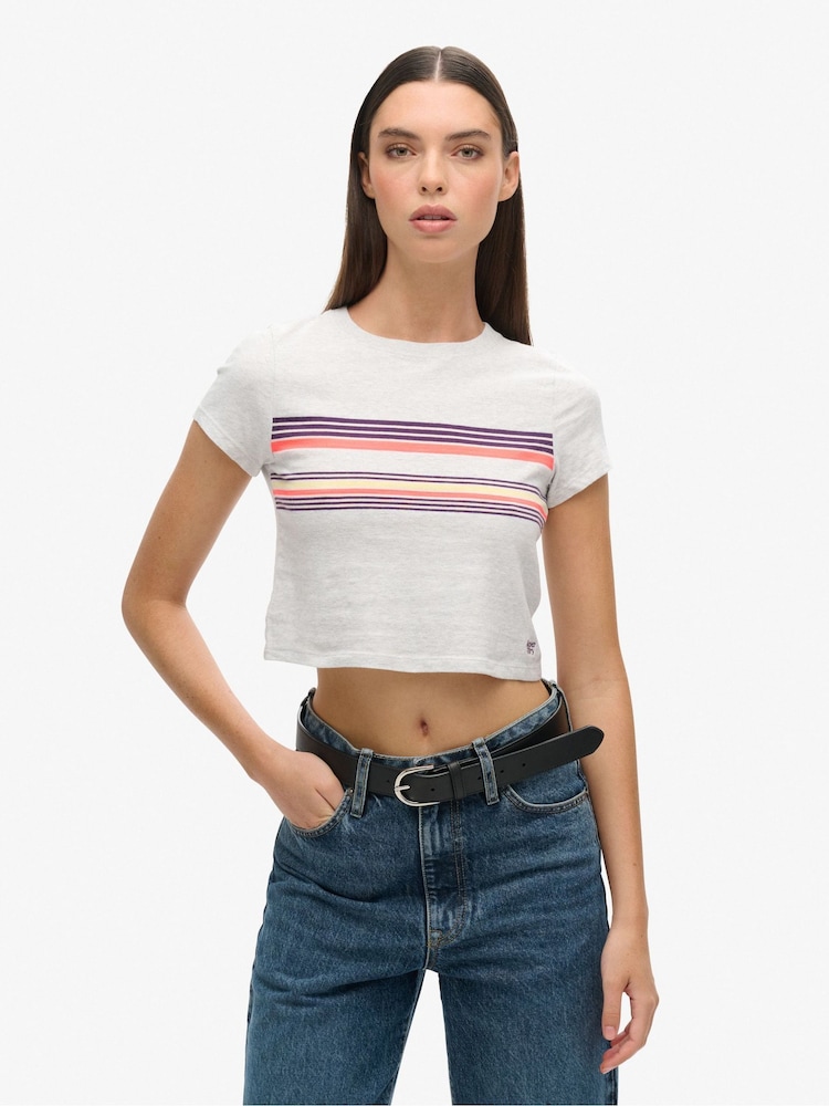 Superdry Grey Vintage Stripe Crop T-Shirt - Image 1 of 7