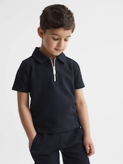 Reiss Navy Creed Senior Textured Half-Zip Polo Shirt - Image 1 of 6