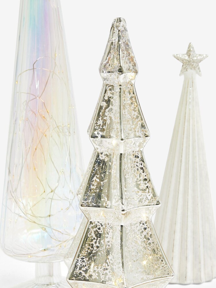 Set of 3 White Light Up Glass Tree Christmas Decorations - Image 2 of 4 Set of 3 White Light Up Glass Tree Christmas Decorations - Image 2 of 4