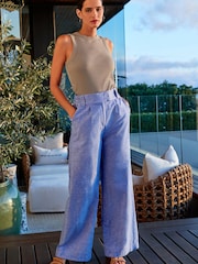 Blue Chambray Linen Blend Wide Leg Trousers - Image 1 of 5