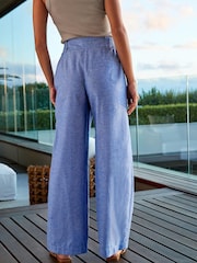 Blue Chambray Linen Blend Wide Leg Trousers - Image 3 of 5