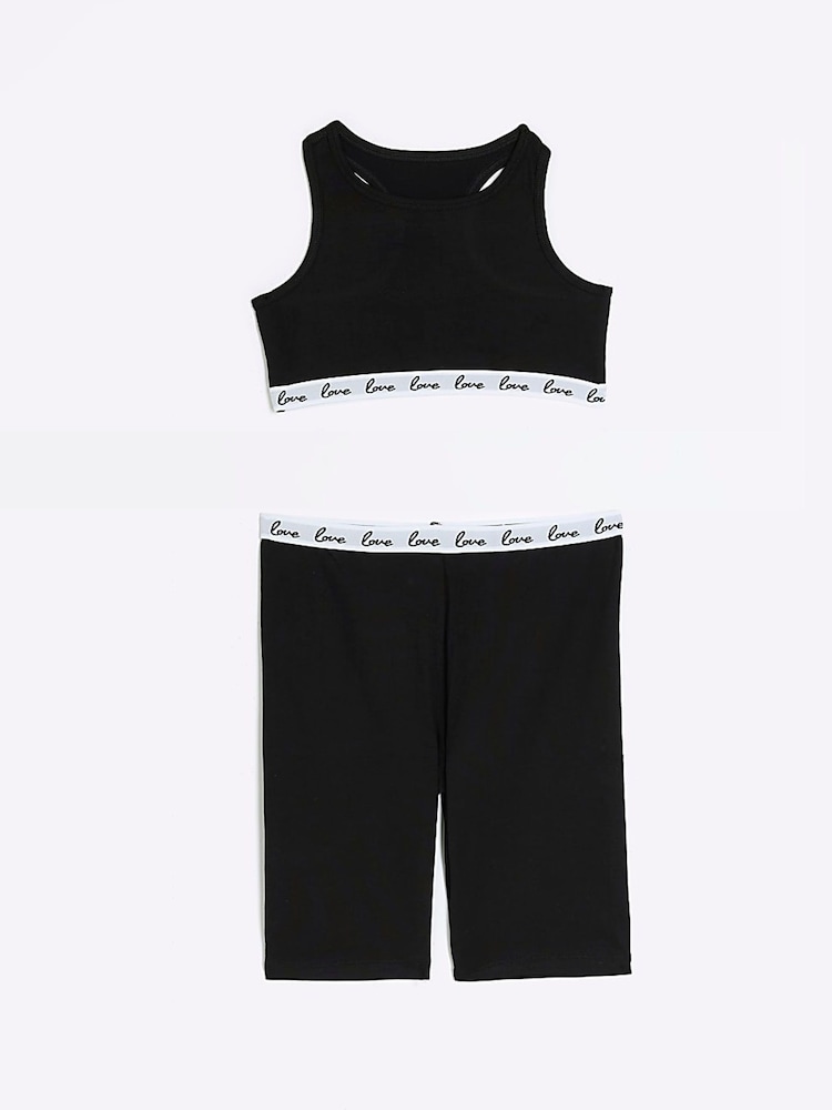River Island Black Girls Love Crop and Cycle 100% Cotton Short Set - Image 1 of 5 River Island Black Girls Love Crop and Cycle 100% Cotton Short Set - Image 1 of 5