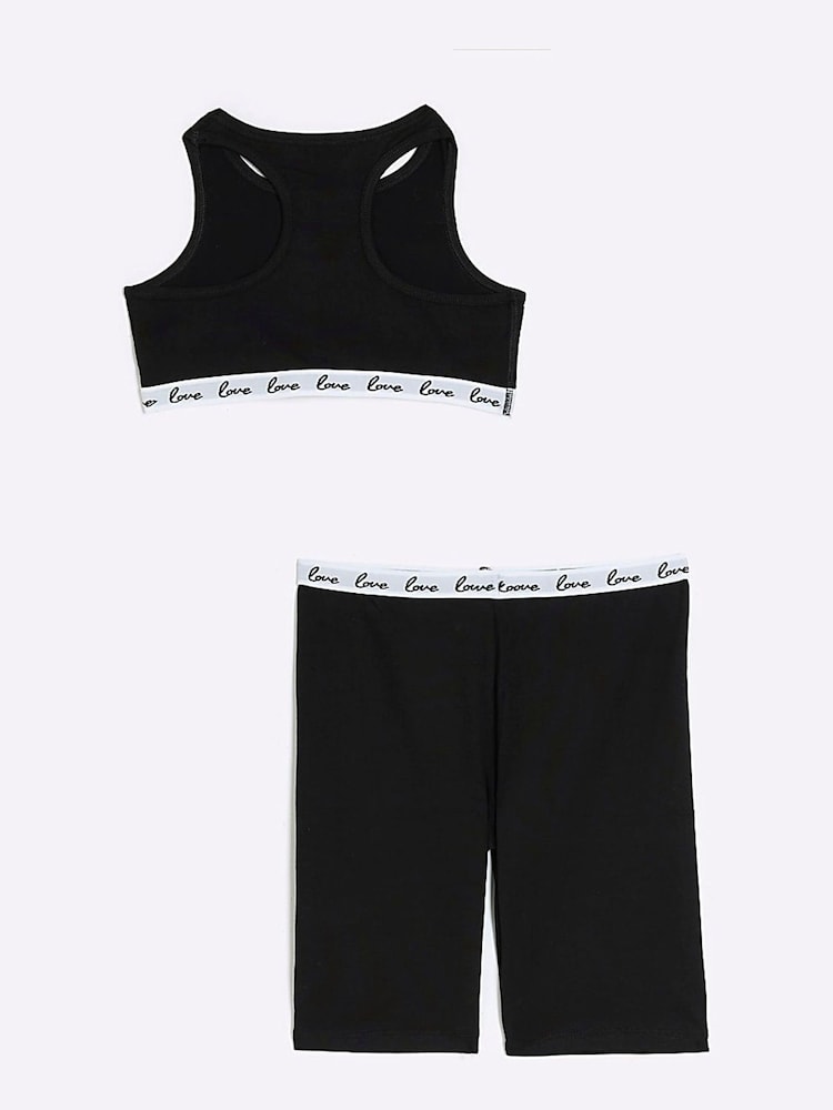 River Island Black Girls  Love Crop and Cycle 100% Cotton Short Set - Image 2 of 5
