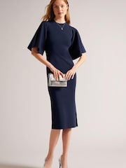 Ted Baker Blue Lounia Fluted Sleeve Knitted Bodycon Midi Dress - Image 1 of 5