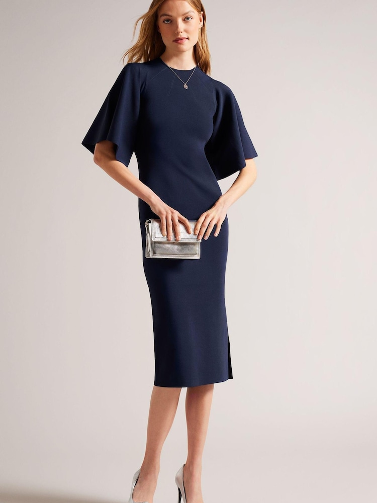 Ted Baker Blue Lounia Fluted Sleeve Knitted Bodycon Midi Dress - Image 1 of 5