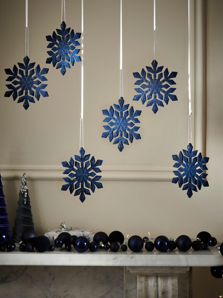 6 Pack Navy Shatterproof Snowflake Christmas Baubles - Image 1 of 6