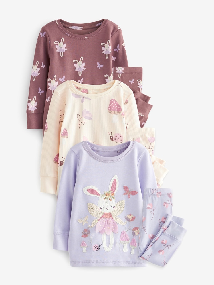 Purple/White Bunny Long Sleeve Printed Snuggle Pyjamas 3 Pack (9mths-8yrs) - Image 5 of 10