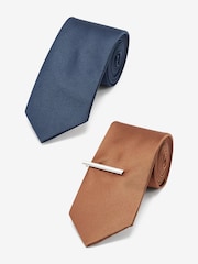 Navy Blue/Tan Brown Twill Ties With Tie Clip 2 Pack - Image 1 of 10