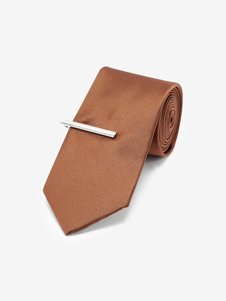 Navy Blue/Tan Brown Twill Ties With Tie Clip 2 Pack - Image 2 of 5 Navy Blue/Tan Brown Twill Ties With Tie Clip 2 Pack - Image 2 of 5