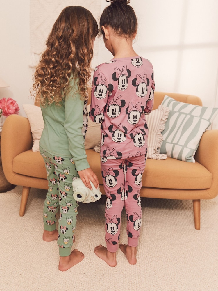 Pink/Green 2 Pack Minnie Mouse And Daisy Duck 100% Cotton Snuggle Pyjamas (9mths-10yrs) - Image 3 of 6