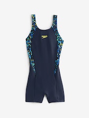 Speedo Black Print Panel Girls Legsuit Swimsuit - Image 1 of 4