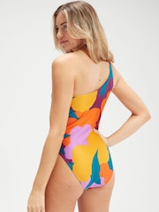 Speedo Womens Green/Orange Printed Asymetric 1 Piece Swimsuit - Image 2 of 9