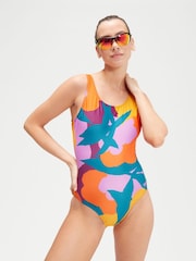 Speedo Womens Green/Orange Printed U-Back Swimsuit - Image 4 of 8