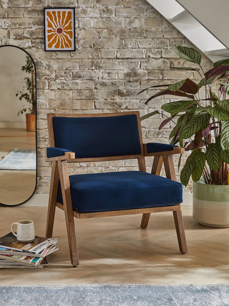 Bronx Frame Soft Velvet Navy Blue Abe Wooden Accent Chair - Image 1 of 8