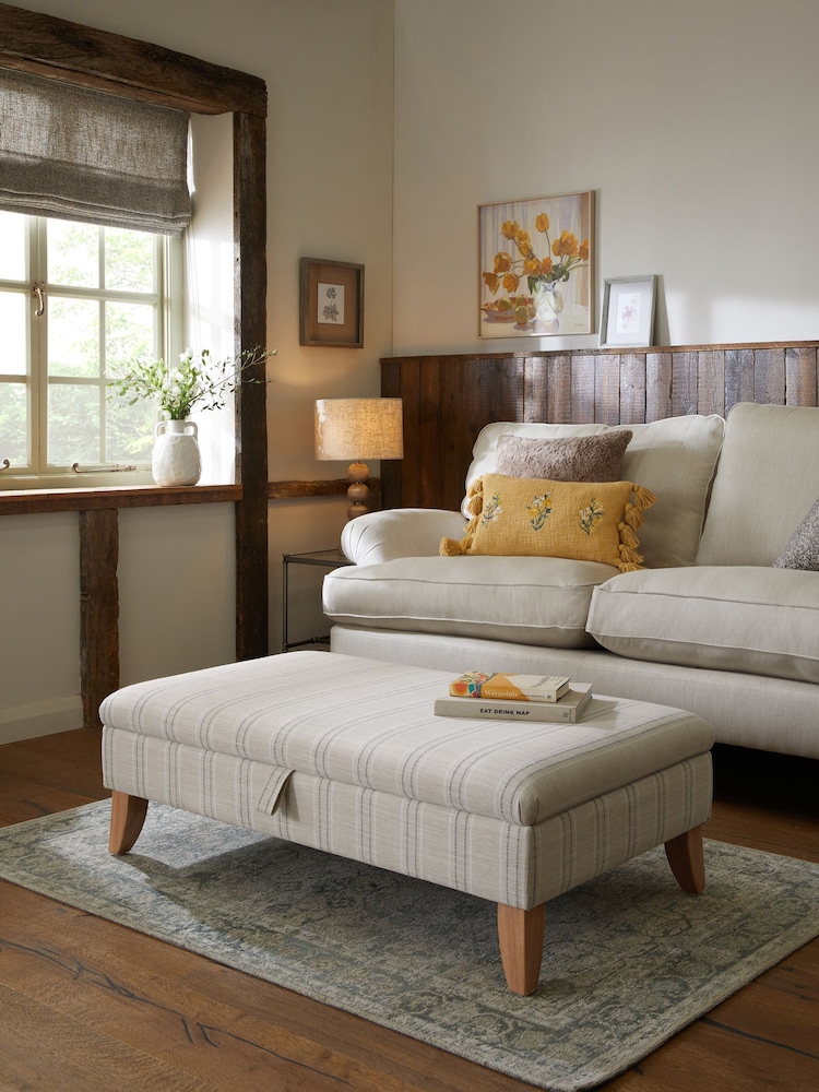 Thatched Linen Look Stripe Natural Albury Large with Storage Footstool - Image 1 of 8