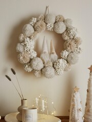 Natural Gonk Pom Pom Christmas Wreath - Image 1 of 3