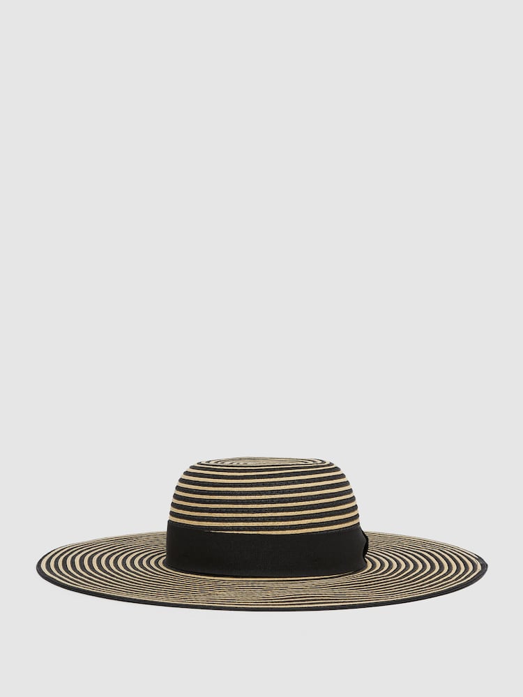Reiss Black/Neutral Emilia Paper Straw Wide Brim Hat - Image 1 of 4