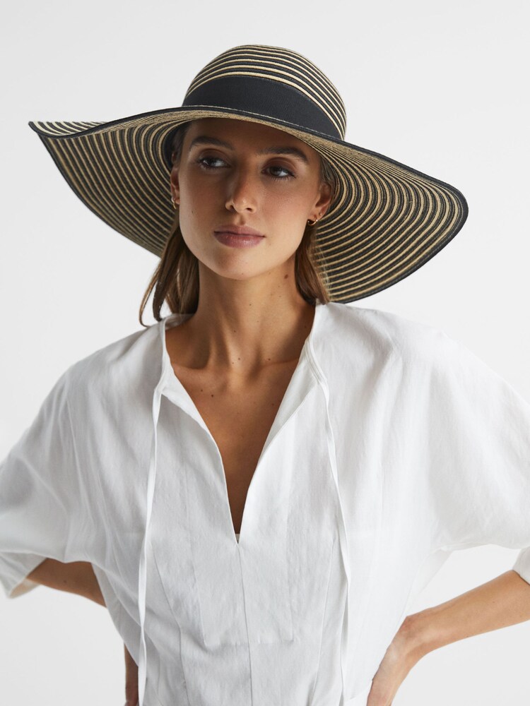 Reiss Black/Neutral Emilia Paper Straw Wide Brim Hat - Image 2 of 4