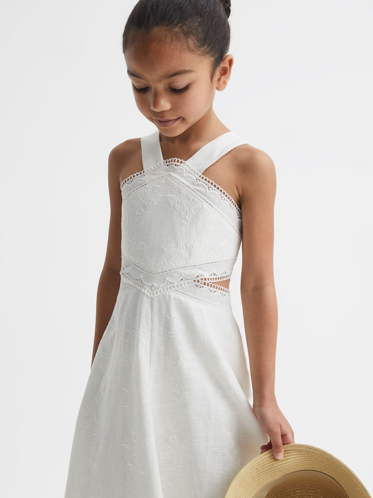 Reiss Ivory Louisa Senior Cross Back Embroidered Dress - Image 1 of 6