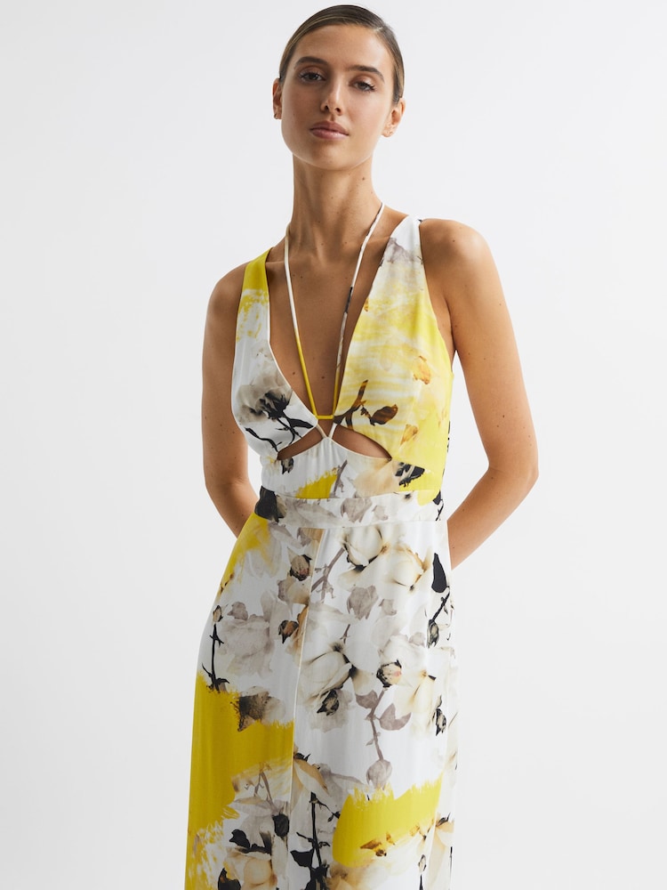 Reiss Yellow Kasia Fitted Floral Print Midi Dress - Image 6 of 6