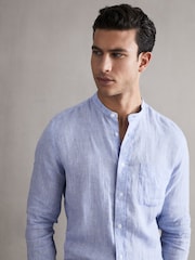 Reiss Soft Blue Ocean Linen Grandad Collar Shirt - Image 1 of 6