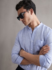 Reiss Soft Blue Ocean Linen Grandad Collar Shirt - Image 5 of 6