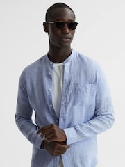 Reiss Soft Blue Ocean Linen Grandad Collar Shirt - Image 6 of 6