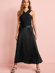 Black Satin Pleated Midi Skirt - Image 1 of 4