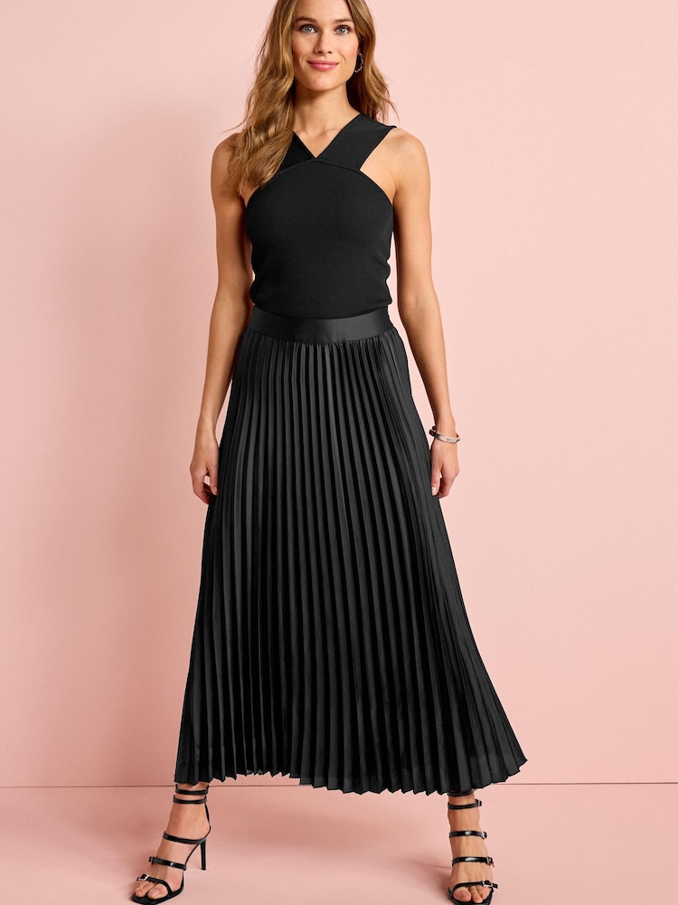 Black Satin Pleated Midi Skirt - Image 1 of 4 Black Satin Pleated Midi Skirt - Image 1 of 4