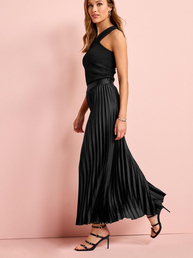 Black Satin Pleated Midi Skirt - Image 2 of 4 Black Satin Pleated Midi Skirt - Image 2 of 4