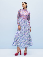 Olivia Rubin Blue Floral Priscilla High Neck Midi Dress - Image 1 of 5