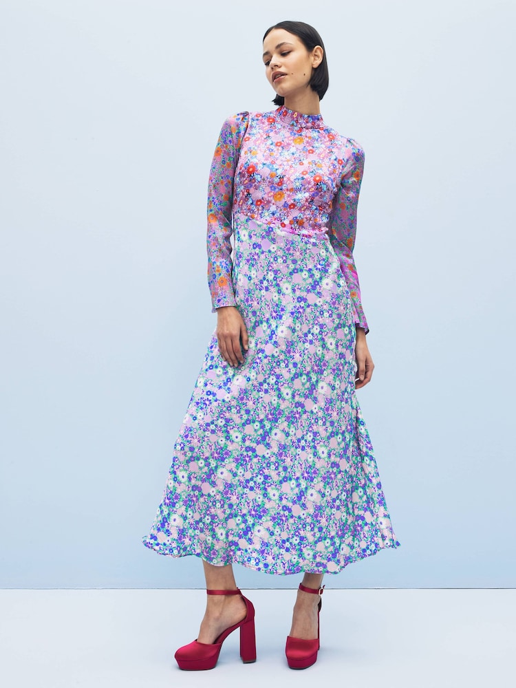 Olivia Rubin Blue Floral Priscilla High Neck Midi Dress - Image 1 of 5
