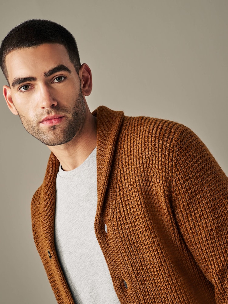 Tanfärgad Brun - Vanlig Sjal Våffla Texture Knit Cardigan - Bild 1 av 5 Tanfärgad Brun - Vanlig Sjal Våffla Texture Knit Cardigan - Bild 1 av 5