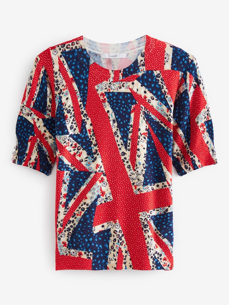Union Jack Print Coronation Gem Detail Short Sleeve Knit Top - Image 4 of 4