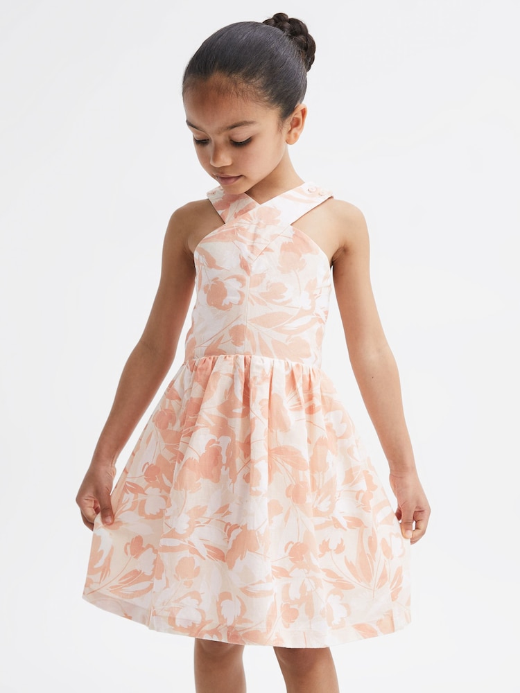 Reiss Pink Print Lottie Floral Print Halter Neck Dress - Image 1 of 7