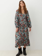 Oliver Bonas Blue Floral Print Pleat Sleeve Midi Dress - Image 1 of 8