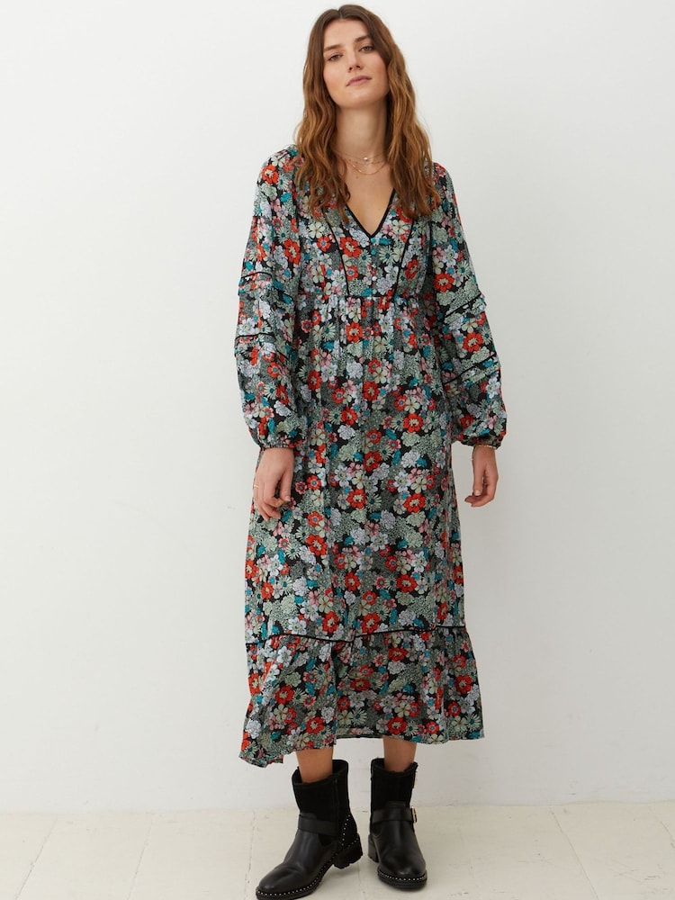 Oliver Bonas Blue Floral Print Pleat Sleeve Midi Dress - Image 1 of 8