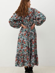 Oliver Bonas Blue Floral Print Pleat Sleeve Midi Dress - Image 2 of 8