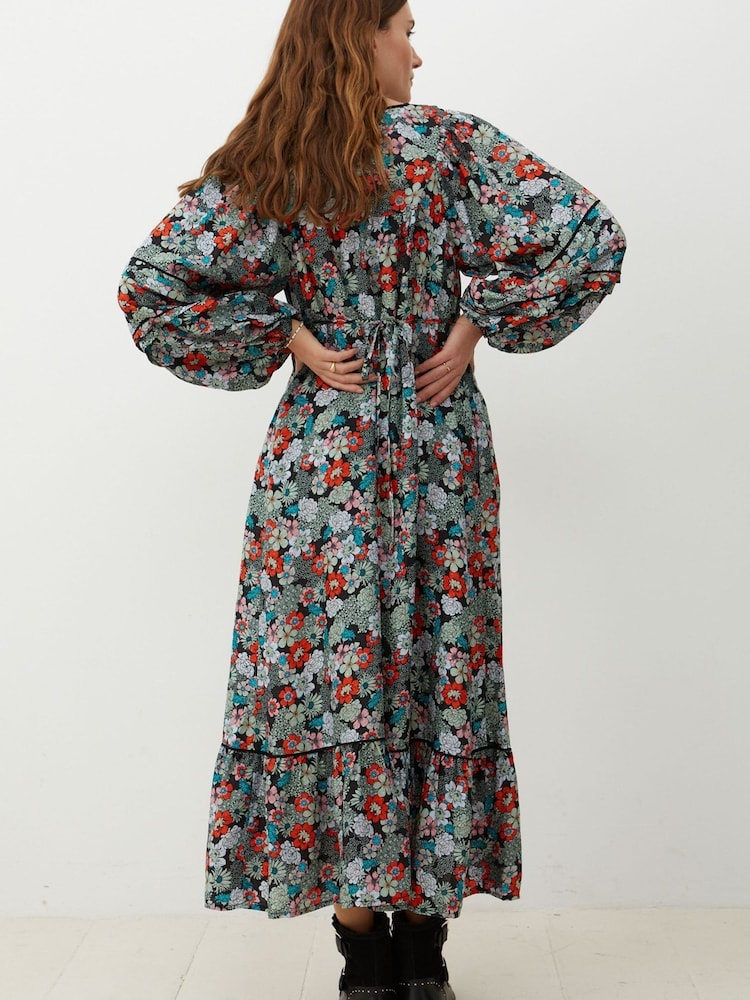 Oliver Bonas Blue Floral Print Pleat Sleeve Midi Dress - Image 2 of 8