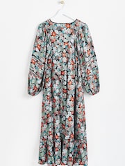 Oliver Bonas Blue Floral Print Pleat Sleeve Midi Dress - Image 5 of 8