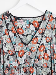 Oliver Bonas Blue Floral Print Pleat Sleeve Midi Dress - Image 7 of 8