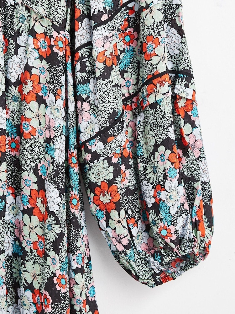 Oliver Bonas Blue Floral Print Pleat Sleeve Midi Dress - Image 8 of 8